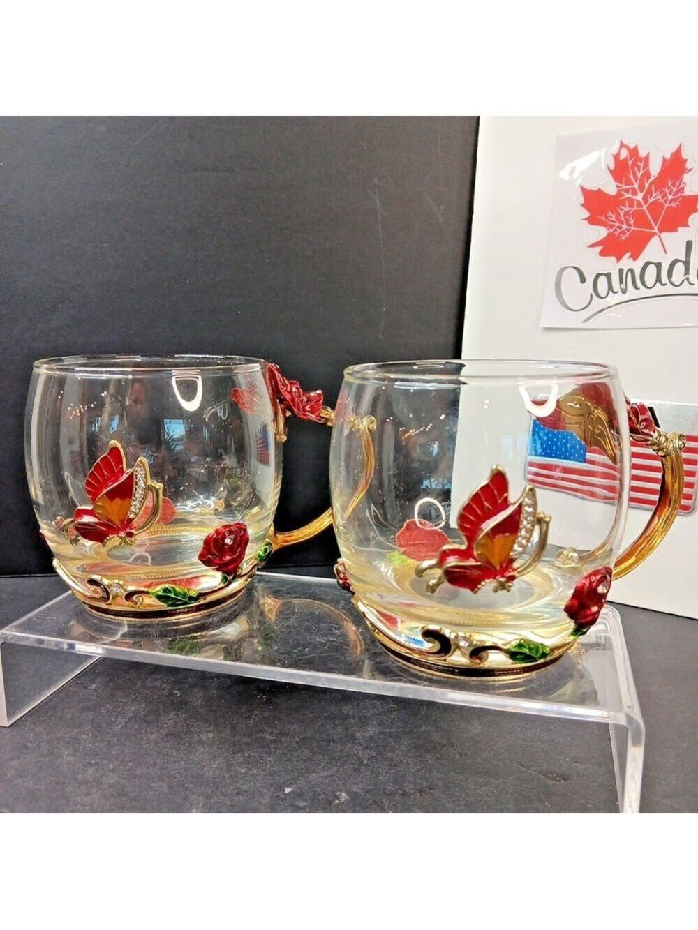2pcs Arc of France Butterfly and Flower Vintage Glassware